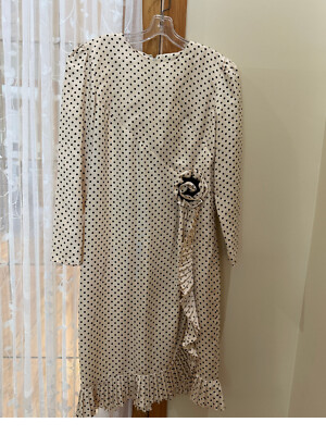 beige dress with black polka dots RAZOOKS VTG Women Dress Beige Black Polka Dots Ruffels Long Sleeves S 12  Zipper