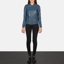 The Jacket Maker Women's Medium Blue Bliss Jacket Full-Zip Leather Moto Bomber
