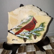 Vintage Hand-Painted Cardinal on Stone Plaque with Winter Pine Branches Signed