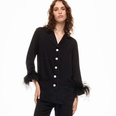 SLEEPER Party Pajama Top Black Feather Trim Shirt Button Down Sz S