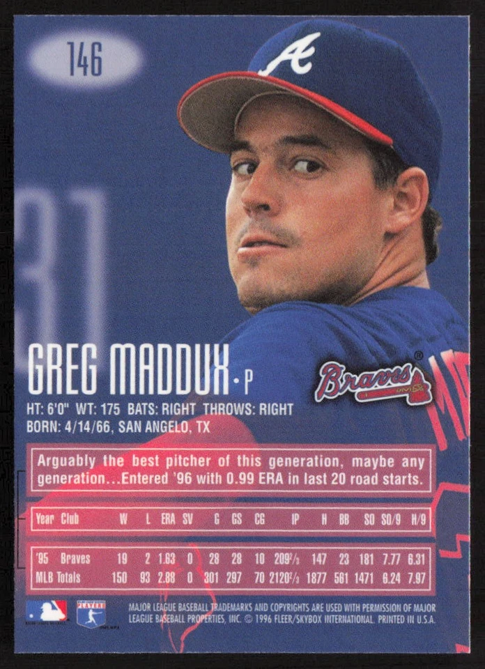 1996 E-Motion XL Greg Maddux #146 Atlanta Braves - Image 2 of 2