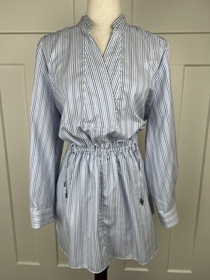 Per Se by Carlisle Tunic Blouse Women's 14 Blue White Striped Cotton Coastal