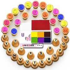 Montessori Wooden Letter  Number Stamps Set with 7-Color Ink Pads, ABC 123 F...