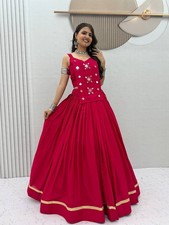 Indian Rani Pink Pure Cotton Lehenga Choli Set Women Mirror Work Party Wear