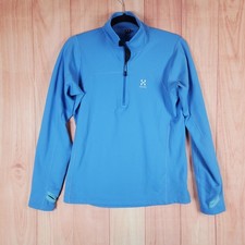 Haglofs Stem II Top Womens Medium Blue Logo Thumbhole Sleeve Mock Neck Half Zip