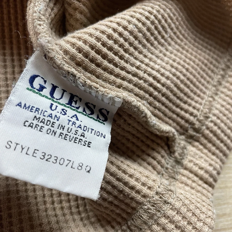Guess Made in USA Vintage Thermal Waffle Long Sleeve Shirt Brown 90s M Men’s - Image 4 of 4