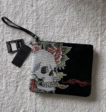 New Ed Hardy Rhinestone Skull And Rose Makeup Cosmetic Wristlet Bag Pouch Purse
