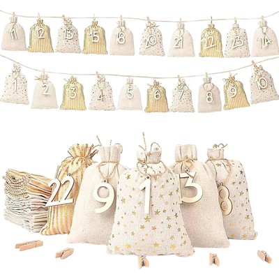 24pcs Christmas Countdown Gift Pouches Drawstring Holiday Gift Bags Favors Bag