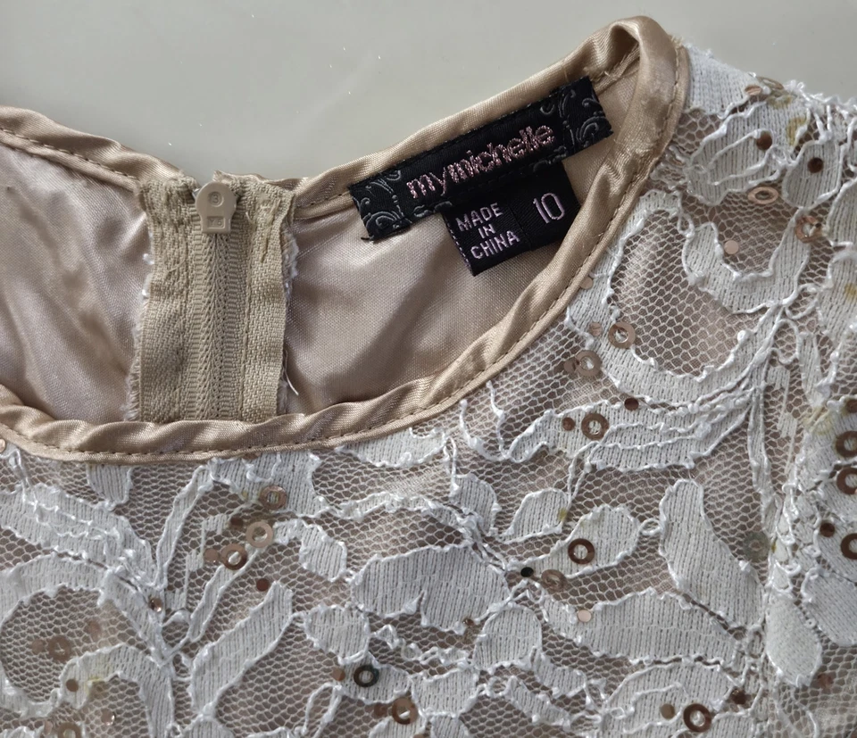 Girls Size 10 "MY MICHELLE" Gold Satin Sequin Lace & Champagne Party Dress EUC - Image 2 of 4