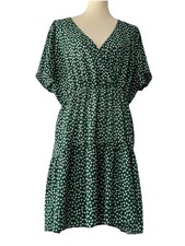 SHEIN Curve Dress (2XL) Green Ivory Micro daisy Babydoll Tiered Stretch Waist 