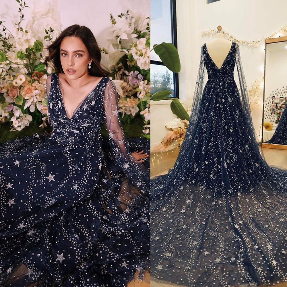 blue moon wedding dresses Elegant Luxury Navy Stars and Glitters Sparkly Bridal Size:Mom-L wk29 TEXTURED LOGO LONG SLEEVE it has been customized