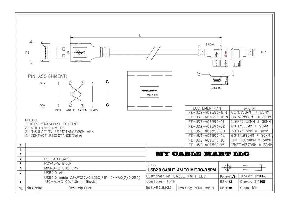 10ft USB 2.0 Type A Male to RIGHT ANGLED Micro-B 5-Pin Cable - Image 2 of 2