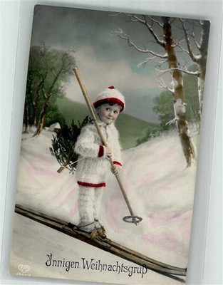 38134157 - Kleiner Junge in weisser Winterkleidung auf Skiern E.A.S. 4787/4
