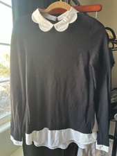 Maison Jules Women  s Black Pullover Sweater White Peter Pan Collar Long S