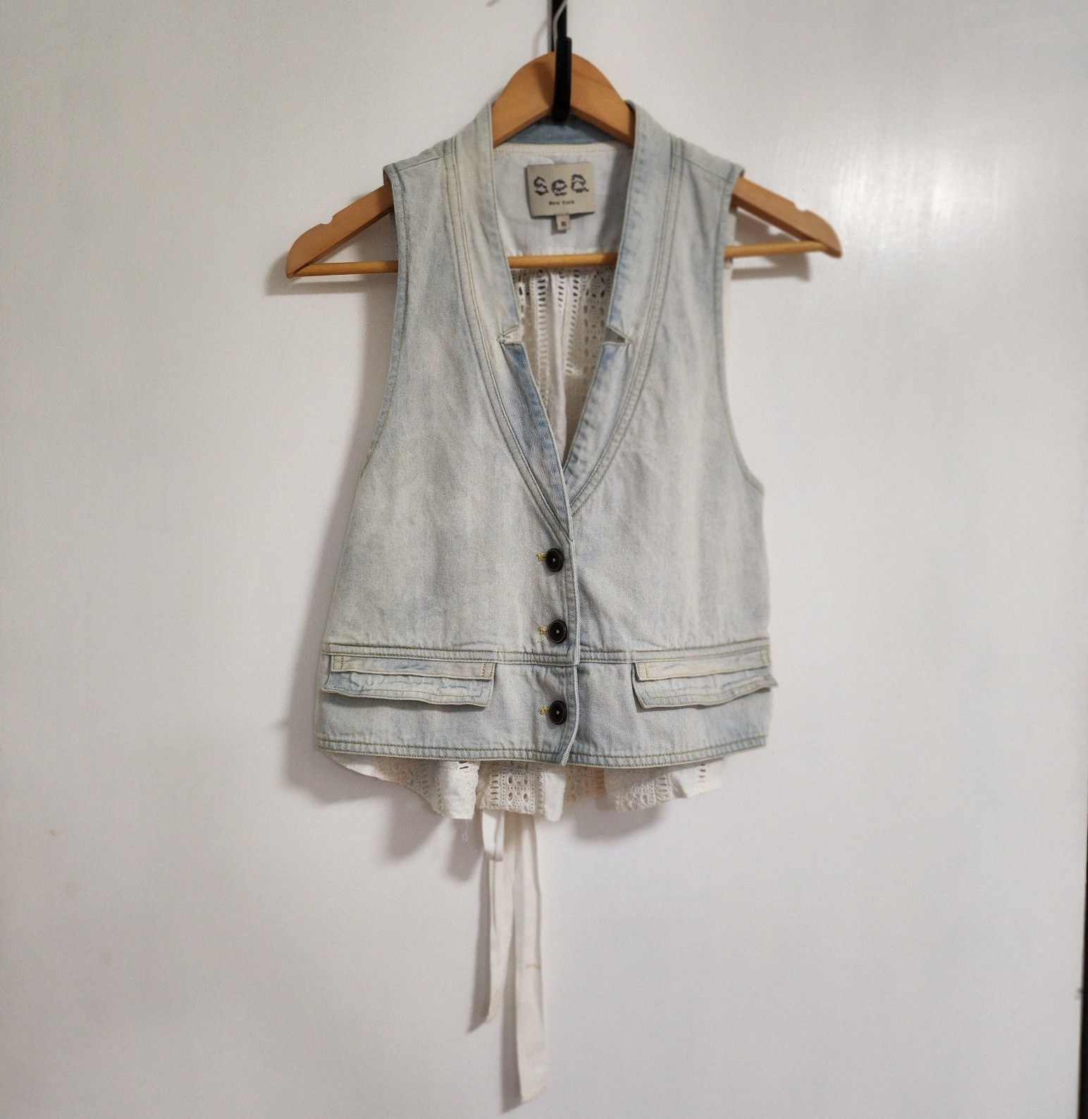 Sea New York Chic Denim And Eyelet Biker Vest Adjustable Tie Light Blue Size XS