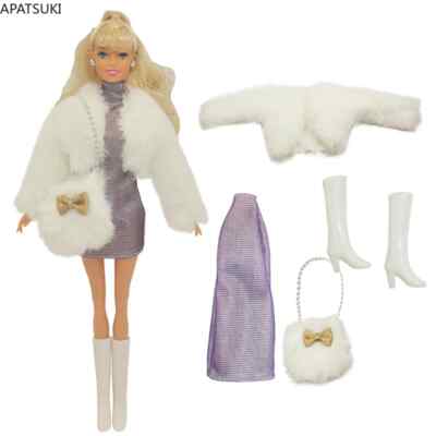 Weißer Pelzmantel Kleidungsset für Barbiepuppe Outfits Lila Kleid Tasche Stiefel