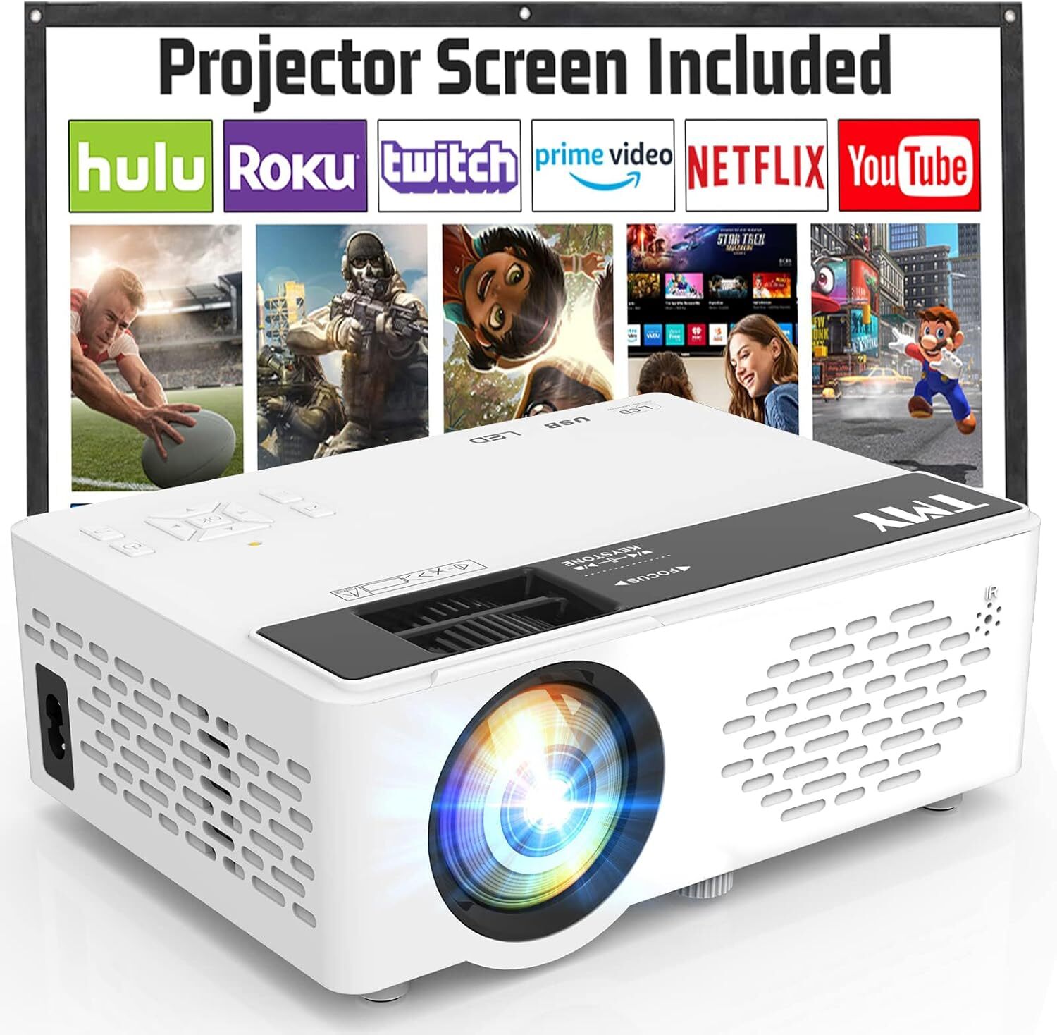 TMY Mini Projector, Upgraded Bluetooth Projector with Screen, 1080P Full HD...-image