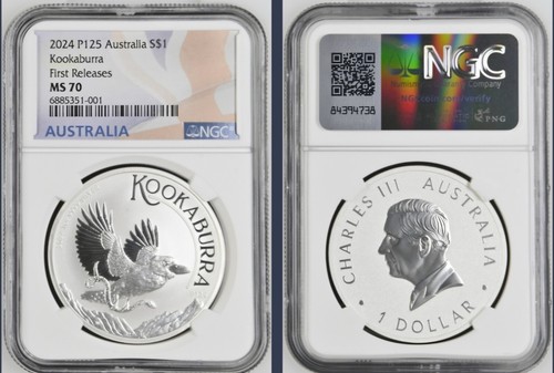 2024 AUSTRALIEN $ 1 SILBER KOOKABURRA NGC MS70 ERSTE VERÖFFENTLICHUNGEN (ERSTES KCIII-BILDNIS) - Bild 1 von 2