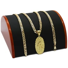 Mens 18k Gold Plated Oval Guadalupe Pendant 5mm 24" Cuban Necklace Chain(H)