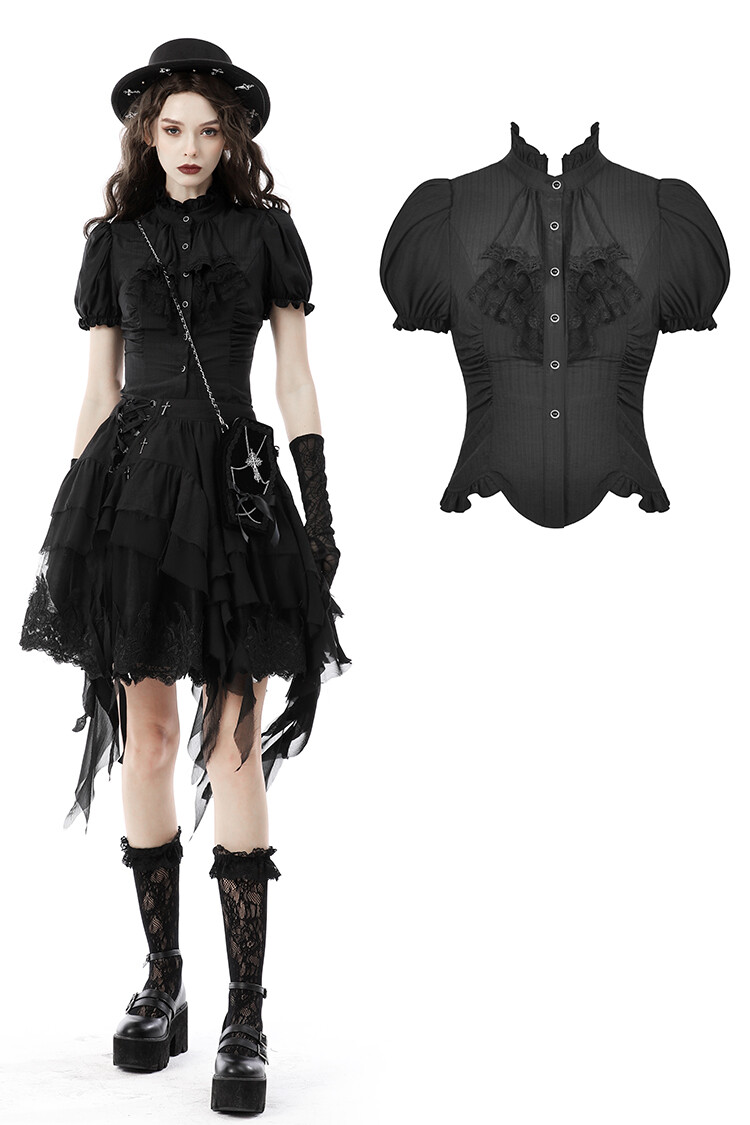 DARK IN LOVE Women Black Punk Gothic Short Puff Sleeve Daily Wear