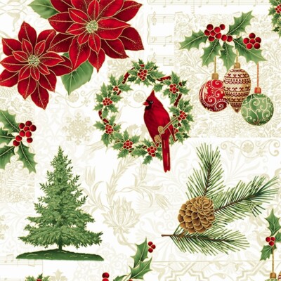 Christmas Fabric | Hoffman Joyful Traditions Metallic Tree Holly Pine Natrl YARD