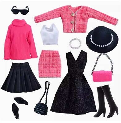1:6 Miniatur Puppe Mode Outfit Set Kleidung Kleid Schuhe Accessoire rosa schwarz