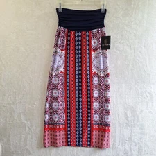 I. N. Studio Women's Petite Small Maxi Skirt NWT Stretch Red White Blue Hippie