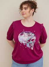 Torrid Sweatshirt 3X Skull Graphic French Terry Short Sleeve Purple