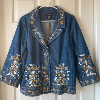 Monterey Bay Women's L Jacket 2 snaps Embroidered Denim Fabric 3/4 Sleeves