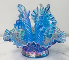 Gorgeous! Fenton Blue Carnival UV Reactive Glass 3-Horn Epergne Mint Condition!