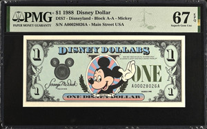 1988 A $1 Disney Dollar Mickey PMG 67EPQ DIS7 A00028026A Disneyland POPULAR Note
