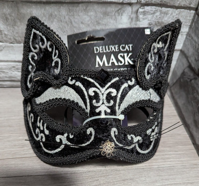 Halloween Cat Eye Masquerade Half Face Mask Black Silver Kitty Cosplay Costume