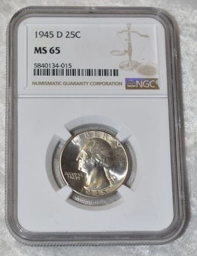 1945 D WASHINGTON 90% SILVER QUARTER DOLLAR NGC MS 65 MS65 DENVER MINT USA COIN