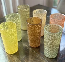 Spaghetti String Glass Tumblers Variety Color Set Of 7 Vintage MCM 5.5”