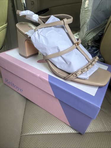 Reitoye Women S Chunky Low Heels Chain Square Toe Sandals Ankle Straps Block Her - Picture 1 of 4