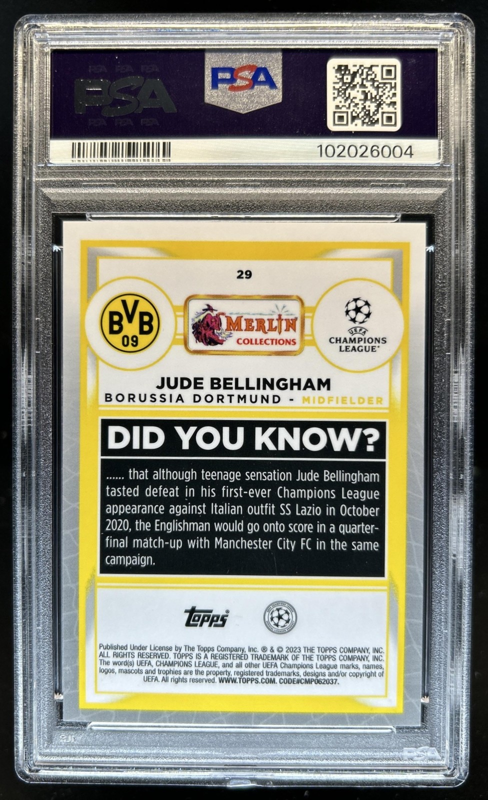 2022-23 Topps Merlin Chrome UEFA Jude Bellingham Speckle Refractor #/150 PSA 10 view 2