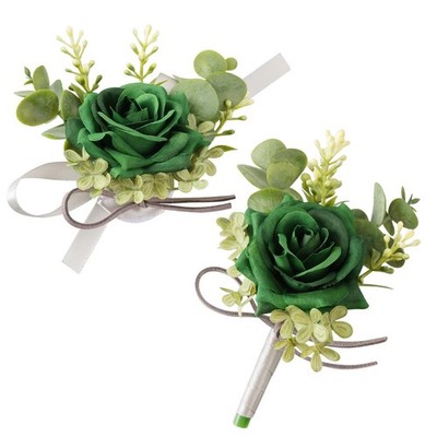 2 PCS Wrist Corsage Boutonniere Set Artificial Flowers Wedding Dark Green