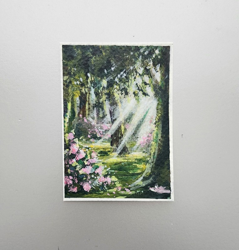 ACEO Original Forest Sunlight Trees- Mossy Roses 3.5x2.5"- Acrylic OOAK Painting