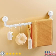 Heavy Duty Suction Towel Bar Adjustable Multi Hook Storage No Drill Wall Mount