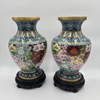 Pair of Vintage JINGFA Cloisonné Enamel Floral Vases on Wood Pedestals