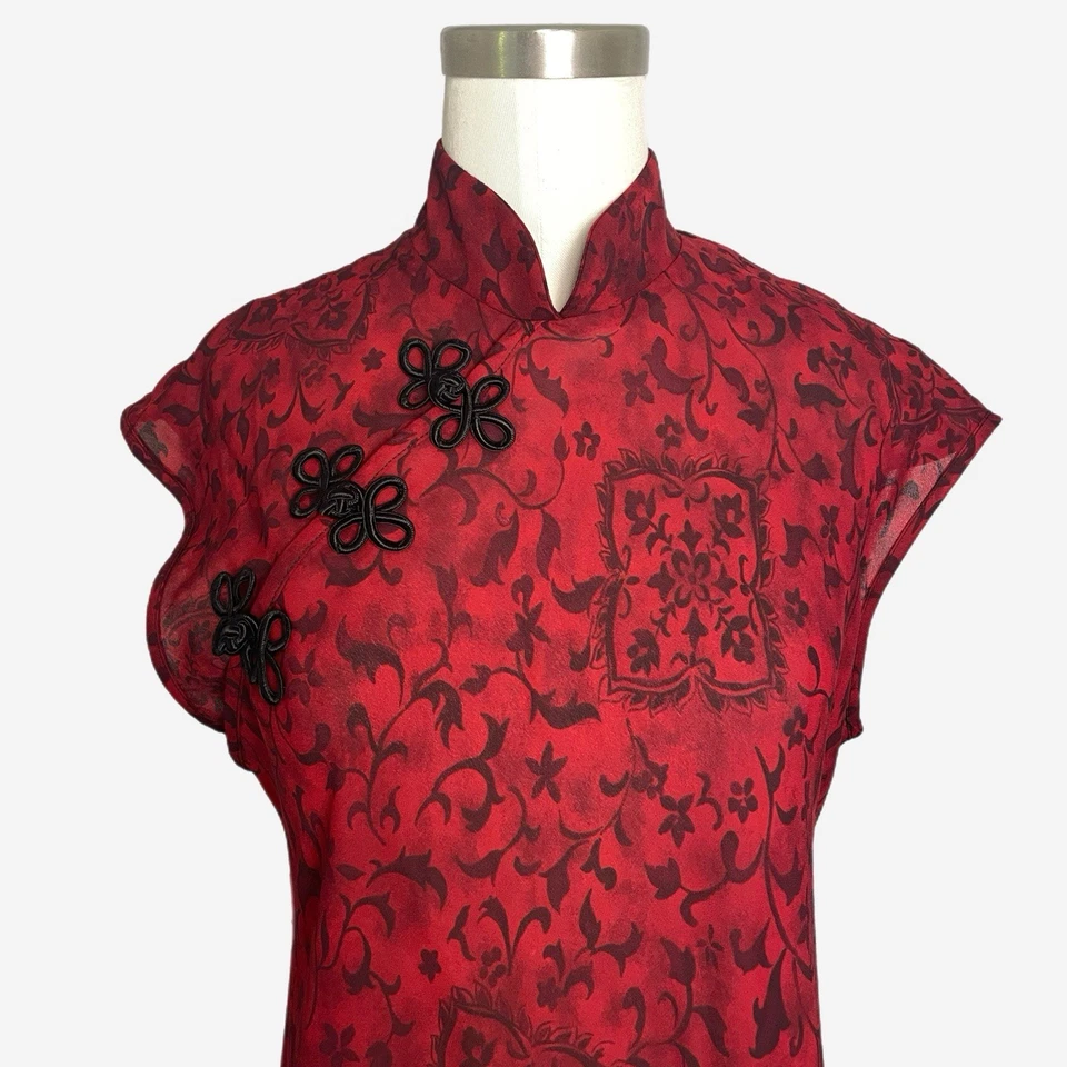 Maxi Vestido Vintage Años 90 Y2K Jessica Howard Rojo Cheongsam Global Audaz Transparente Elegante M Foto 4 de 4