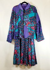Vintage Carole Little Oversized Bomber Jacket  Full Skirt Floral Purple Turq