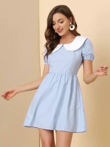 Allegra K Women's Contrast Peter Pan Collar Puff Short Sleeve A-line Dress