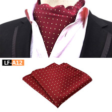 Classic Men's Ascot Cravat Tie Silk Polka Dot Red Yellow Scarf Cravat Hanky Set