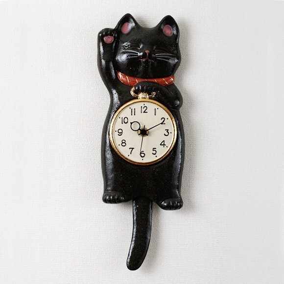 Japanese Black Lucky Cat Manekineko Pendulum Wall Clock Pottery Seto gift