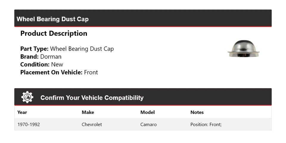 Tapa antipolvo de cojinete de rueda delantero 1971 1972 para Chevrolet Camaro Dorman 1970-1992 Foto 2 de 4