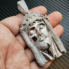 HIP HOP ICED WHITE GOLD PT BRASS MICRO PAVE BLING JESUS HEAD BUST DOWN PENDANT 