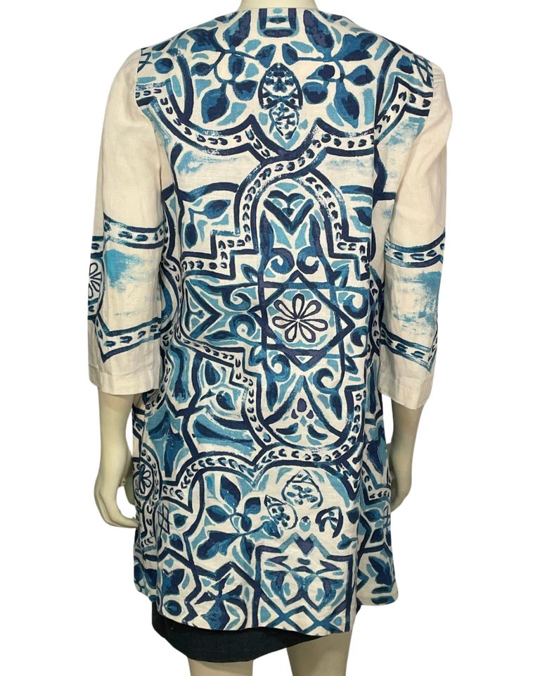 Chico's Talla 1 M 8-10 Chaqueta Abierta Plumero Artesanal Estampado Azul Blanco Lino Boho ATW Foto 3 de 4