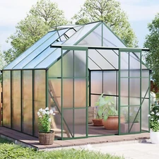 8x8FT Double Door Polycarbonate Greenhouse Green with Galvanized Base and Anchor
