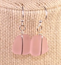 Soft PINK Cultured sea glass Handmade with silver drop earrings